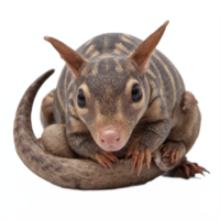 Close up of a small striped marsupial with large eyes curled tail isolated on transparent background clipping path png