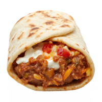 Delicious Beef Chili Wrap with Sour Cream and Vegetables on Flatbread Transparent Background png