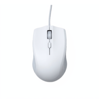 White Wired Computer Mouse with Scroll Wheel and Side Grip Buttons on Transparent Background png
