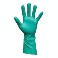 Green Rubber Glove Hand Raised with Transparent Background Clipping Path isolated png