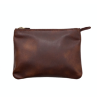 Brown Leather Pouch with Zipper and Handle on Transparent Background with Clipping Path png