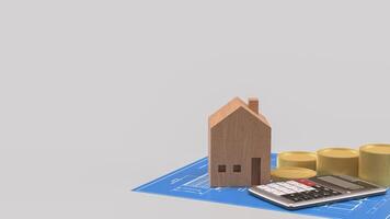 The Wood House and calculator for property or Building concept 3d Rendering. photo