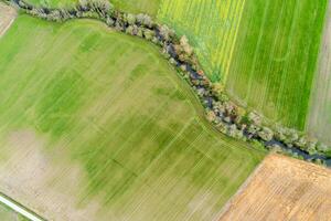natural geometry of agriculture with a river flowing through, aerial top down drone view photo