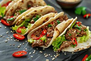 Fusion Korean Bulgogi Tacos with Marinated Beef and Pickled Vegetables in Soft Corn Tortillas photo
