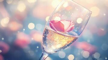 Crystal Champagne Glass with Single Floating Rose Petal, Romantic Valentine's Day Celebration Concept photo
