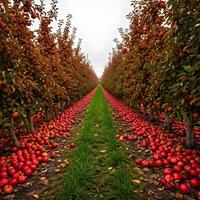 A row of trees with apples on the ground photo
