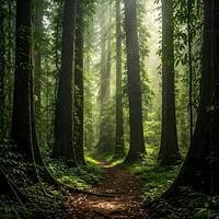 A path through a forest with trees and sunlight photo