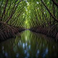 A river is surrounded by trees in the middle of the forest photo