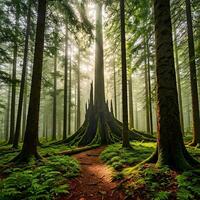 A path through a forest with trees and moss photo