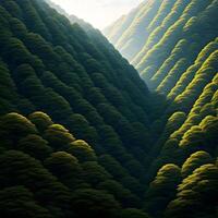 A painting of a mountain with trees in the background photo