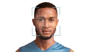 Portrait of young handsome afro-american guy with square frame around his face on white studio background, having face recognition, panorama with copy space. Biometric verification, face concept photo