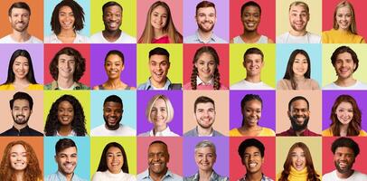 Multiple Portraits Of Multiethnic People In Collage Over Different Colorful Backgrounds. Happy Women And Men Of Different Age And Ethnicity Smiling To Camera. Collage Of Headshots, Panorama photo