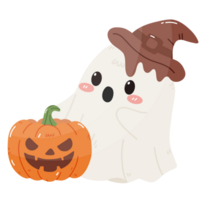 Happy Ghost Wearing a Chocolate Witch Hat with Pumpkin png