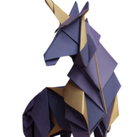 Geometric unicorn sculpture with sharp, angular shapes in purple and gold colors, creating modern and artistic appearance that evokes sense of fantasy and creativity png