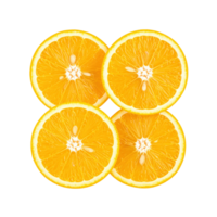 Top view of four juicy orange slices arranged in a square pattern, isolated on transparent background for food or design use. png