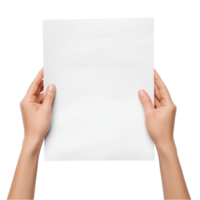 Realistic human hands holding a blank white sheet of paper, isolated on transparent background, perfect for presentations or mockups png