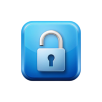 A blue square icon with an unlocked padlock in the center indicating security and access control png
