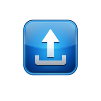 A glossy blue square upload icon with a white arrow pointing upwards and a white tray below it png