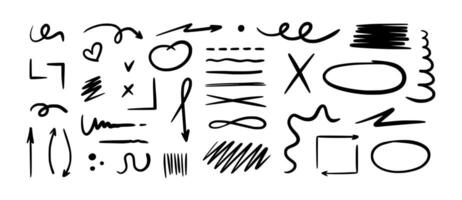 Hand drawn arrows, lines, symbols, sketchy markers in black on white background. Doodle style design elements including circles, check marks, scribbles, highlights, underlines, callouts. Perfect for vector