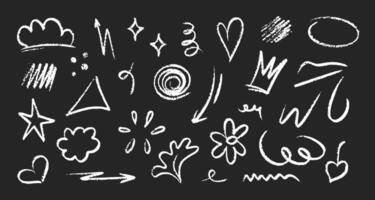 Doodle chalk shapes, arrows, hearts, stars, crowns, spirals, abstract symbols, and playful shapes by marker or pencil. Abstract crayon hand drawn isolated design elements on blackboard. Perfect for vector