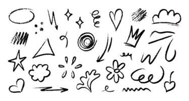 Hand drawn doodle sketch elements in black crayon texture on white background. Collection includes arrows, hearts, stars, crowns, spirals, abstract symbols, and playful shapes. Perfect for vector