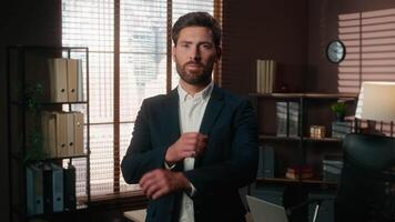 Smiling positive business man confident Caucasian middle-aged formal 40s businessman male entrepreneur in office crossed hands pose looking at camera happy carefree job worker startup project manager video