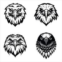 A Collection of Four Fierce Eagle Head Illustrations Depicted with Sharp Lines and Intricate Feather Details in Black and White vector