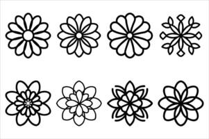 Elegant Floral Array Simple Black and White Flower Designs Featuring Eight Unique Stylized Blossoms for Creative Projects and Decorations vector