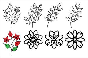 Botanical Line Art Collection featuring Flowers, Twigs and Leaves with Bold Outlines on a White Background for Design Elements vector