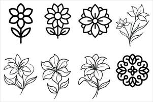 Eight Simple Flower Designs Featuring Various Blossom Shapes and Leaf Configurations in a Minimalist Black and White Style vector