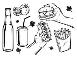 Burger shop elements print set, hand holding hamburger and another hand holding hot dog with fries, soda and beer in woodcut style vector