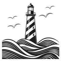 Lighthouse with waves and birds illustration vector
