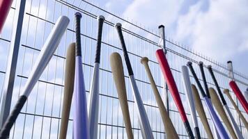 Colorful Baseball Bats Lined Up On The Baseball Field Fence video
