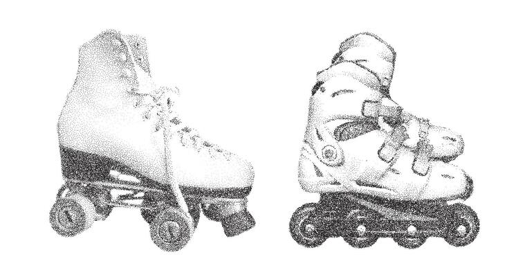 Realistic Dotted Photocopy-Effect Illustration of Two Retro Roller Skates in Monochrome