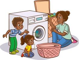 mother and children operating the washing machine.Cute little boy helps his mother to do the laundry with the washing machine vector