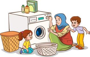 little kids helps his mother to do the laundry with the washing machine vector