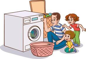 father and little kids operating the washing machine vector