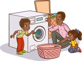 little kids helps his father to do the laundry with the washing machine.father and children operating the washing machine vector