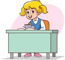 Cute girl child sitting at the desk, primary school student in uniform, illustration on a white background vector