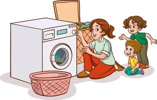 Cute little kids helps his mother to do the laundry with the washing machine vector
