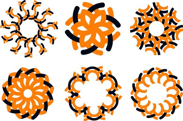 Abstract Circular Geometric Ornaments in Orange and blue