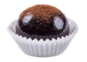 Close up of a dark chocolate truffle in a white paper cup dusted with cocoa powder, isolated on transparent background. Dessert, Sweet, Food. png