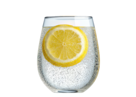 Glass of sparkling water with a lemon slice isolated on transparent background. Refreshment, Drink, Beverage. png
