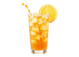 Glass of iced tea with ice cubes, lemon slice, and striped straw, isolated on transparent background. Refreshment, Drink, Beverage. png