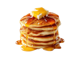 Stack of golden pancakes with melting butter and dripping syrup, isolated on transparent background. Breakfast, dessert, food. png