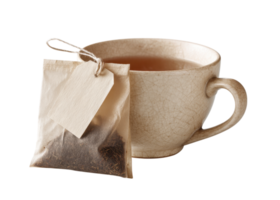 White teabag with blank tag and string next to a ceramic cup filled with hot brewed tea isolated on transparent background. Drink, Beverage, Hot. png