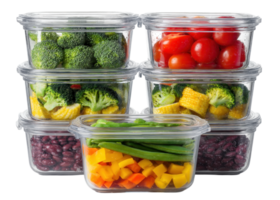 Glass containers with fresh broccoli, tomatoes, beans, peppers, corn, green beans, isolated on transparent background. Food prep, healthy eating, meal prep. png