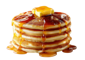 Stack of pancakes with butter and syrup dripping, isolated on transparent background, breakfast, food, dessert. png