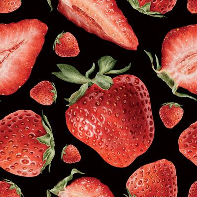 Ripe Whole berries, halves and slices of strawberries on dark background. Watercolor seamless pattern. Garden juicy berries infinite print for package, cosmetic, tablecloth wallpapers, textile