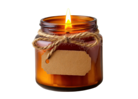 Lit candle in amber glass jar with twine and tag isolated on transparent background, relaxation, aromatherapy, home decor. png